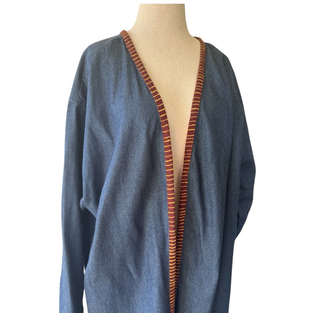 Vtg 90s Molato Jacket XL Denim Long Duster Abstract African Tribal Art Cowrie 2X - Picture 9 of 11